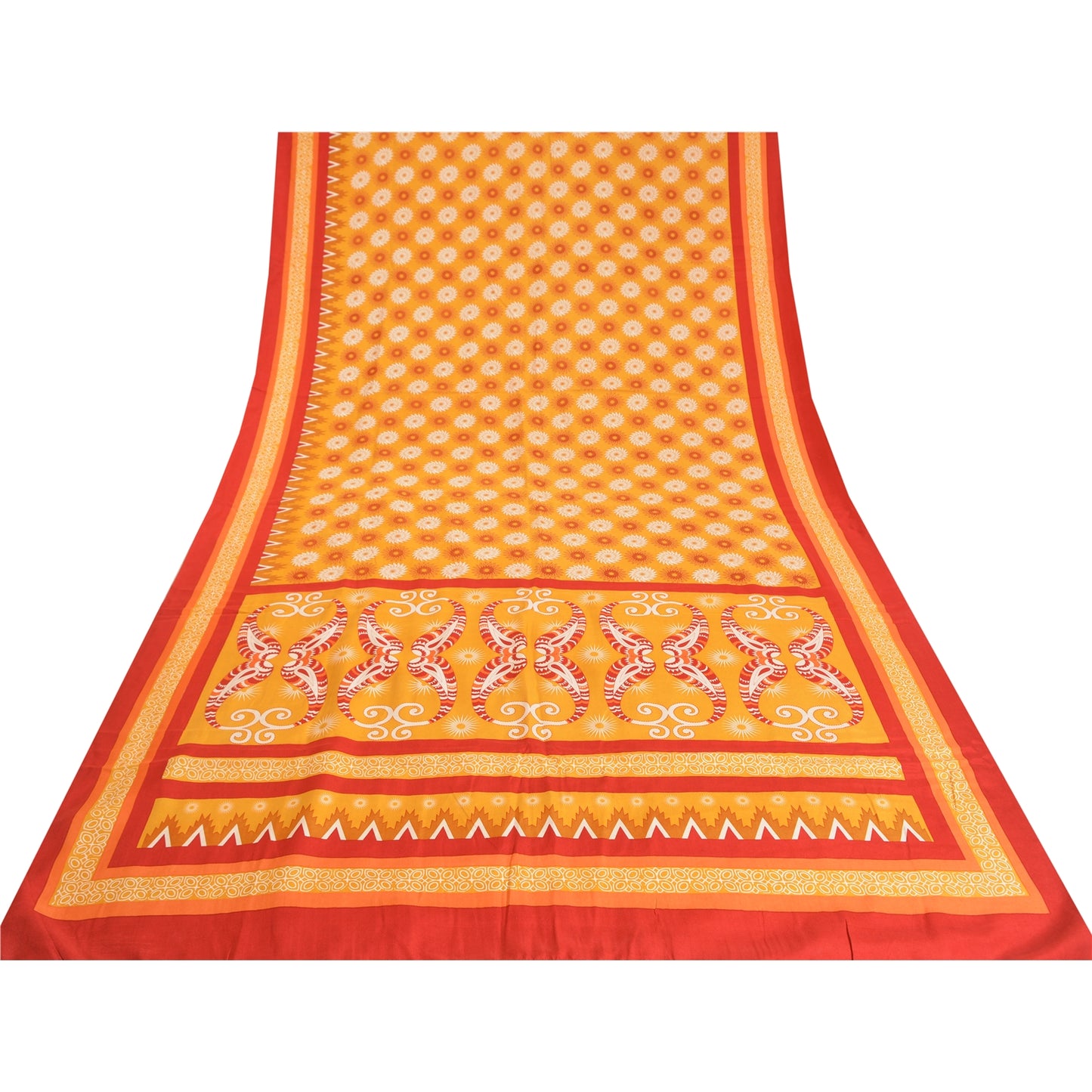 Sanskriti Vintage Sarees Indian Yellow Pure Crepe Silk Printed Sari Craft Sustainable Fabric