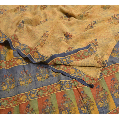 Sanskriti Vintage Sarees Indian Cream Pure Crepe Silk Printed Sari Craft Sustainable Fabric