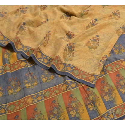 Sanskriti Vintage Sarees Indian Cream Pure Crepe Silk Printed Sari Craft Sustainable Fabric