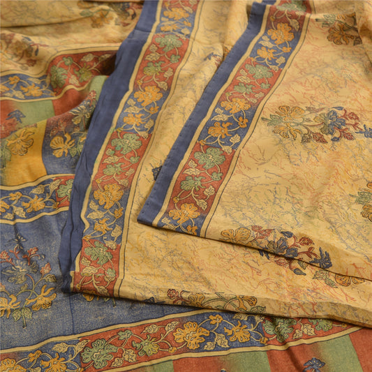 Sanskriti Vintage Sarees Indian Cream Pure Crepe Silk Printed Sari Craft Sustainable Fabric