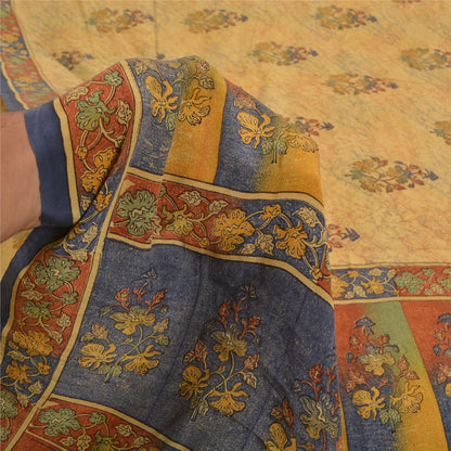 Sanskriti Vintage Sarees Indian Cream Pure Crepe Silk Printed Sari Craft Sustainable Fabric