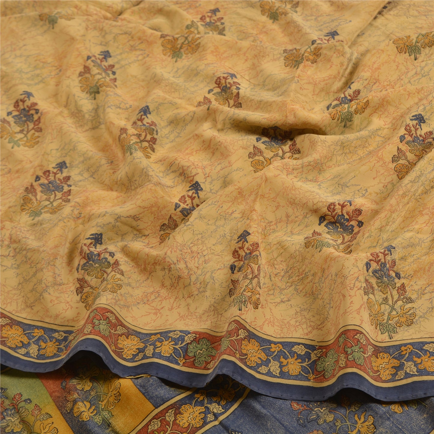 Sanskriti Vintage Sarees Indian Cream Pure Crepe Silk Printed Sari Craft Sustainable Fabric