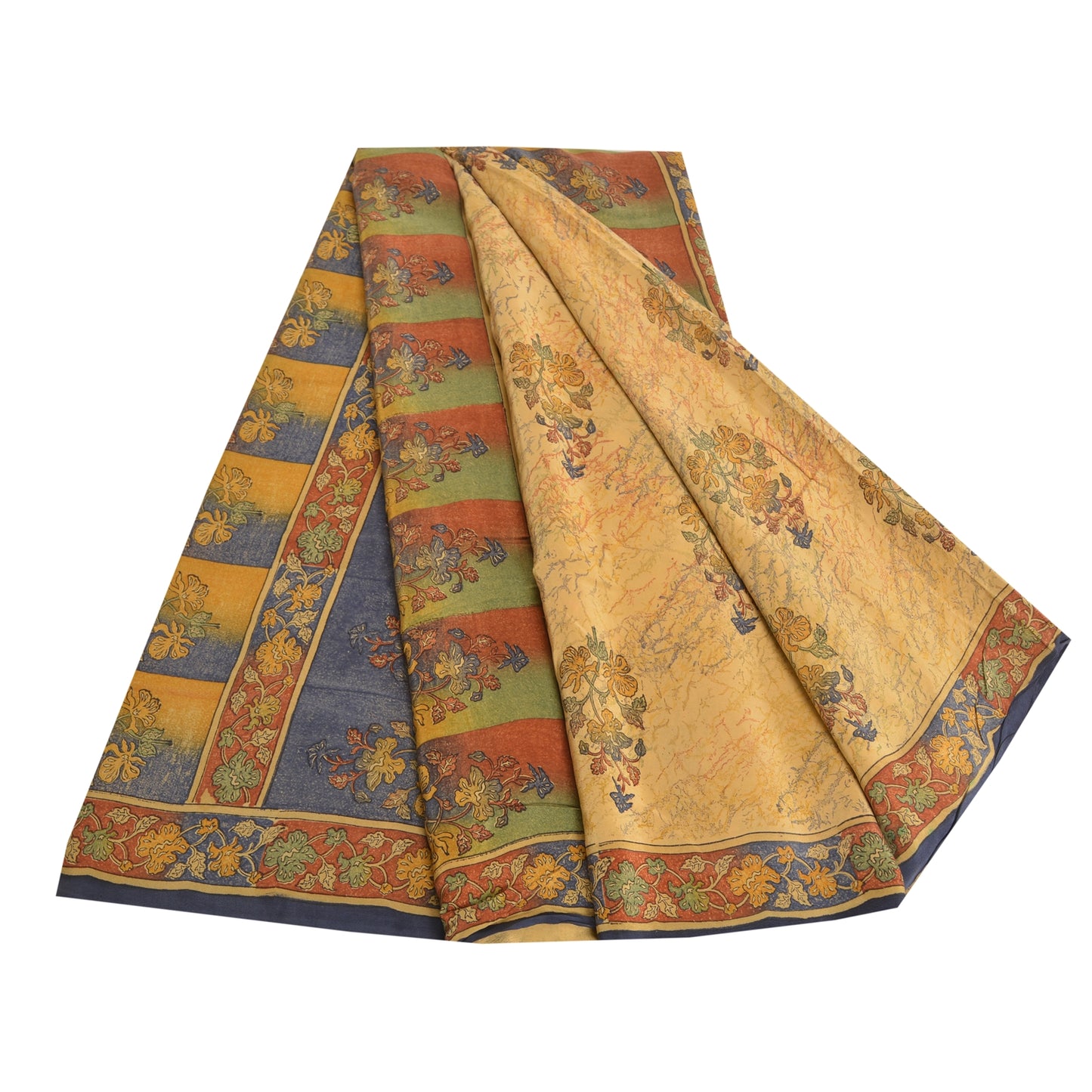 Sanskriti Vintage Sarees Indian Cream Pure Crepe Silk Printed Sari Craft Sustainable Fabric