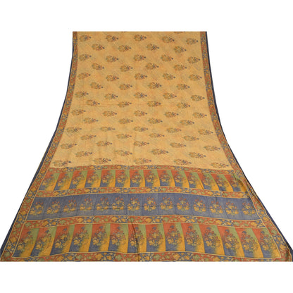 Sanskriti Vintage Sarees Indian Cream Pure Crepe Silk Printed Sari Craft Sustainable Fabric