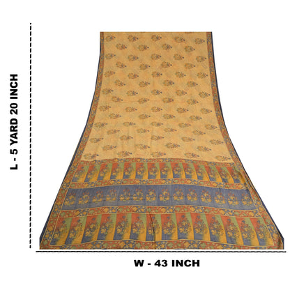 Sanskriti Vintage Sarees Indian Cream Pure Crepe Silk Printed Sari Craft Sustainable Fabric