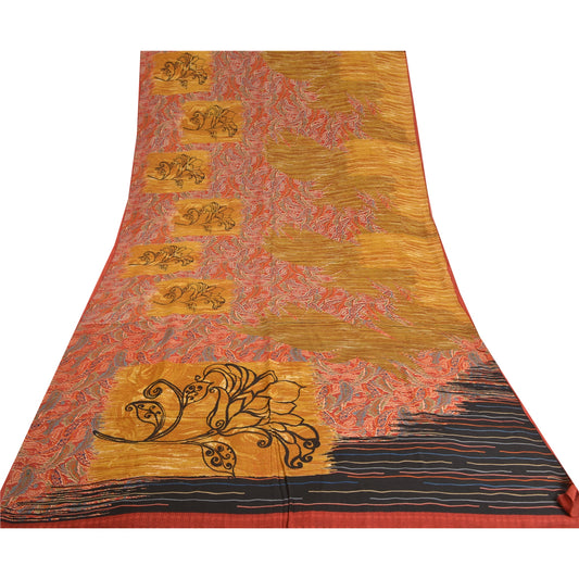 Sanskriti Vintage Sarees Saffron 100% Pure Crepe Silk Printed Sari Craft Sustainable Fabric