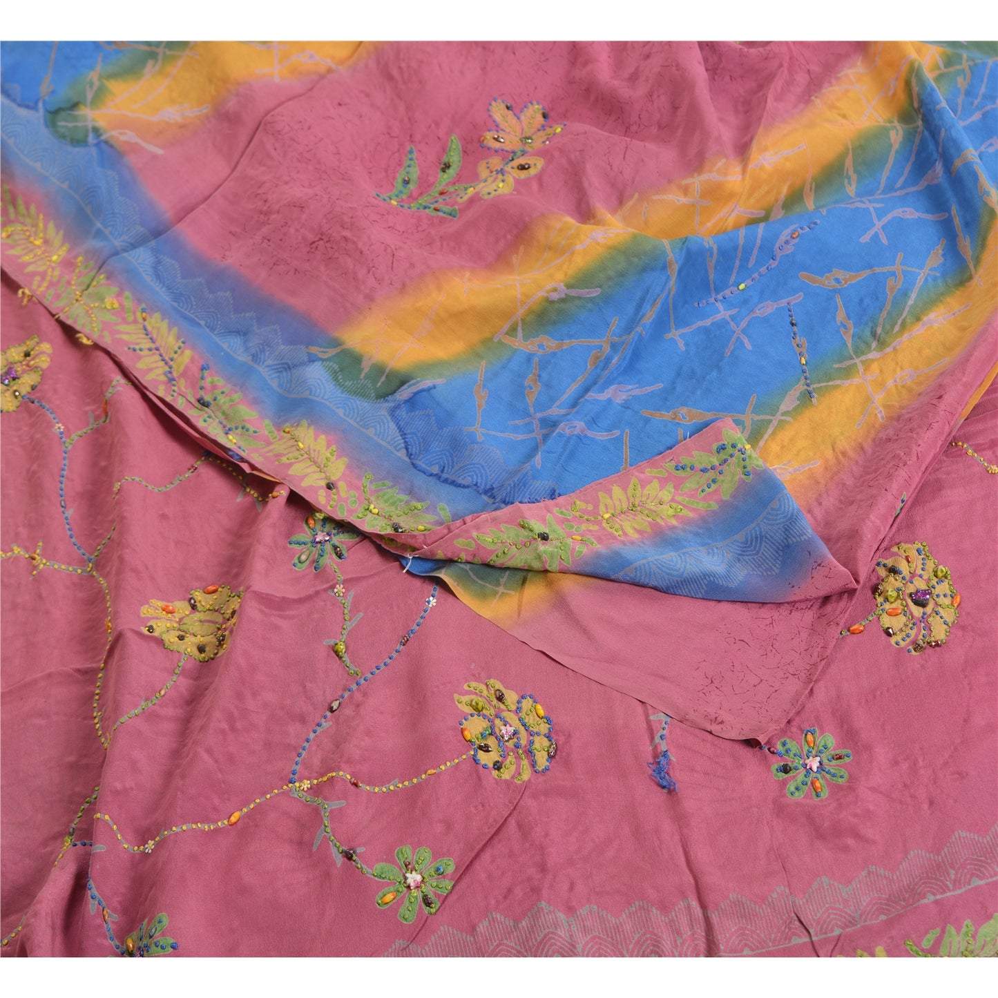 Sanskriti Vintage Sarees Multi Hand Beaded Pure Crepe Silk Sari 5yd Craft Sustainable Fabric