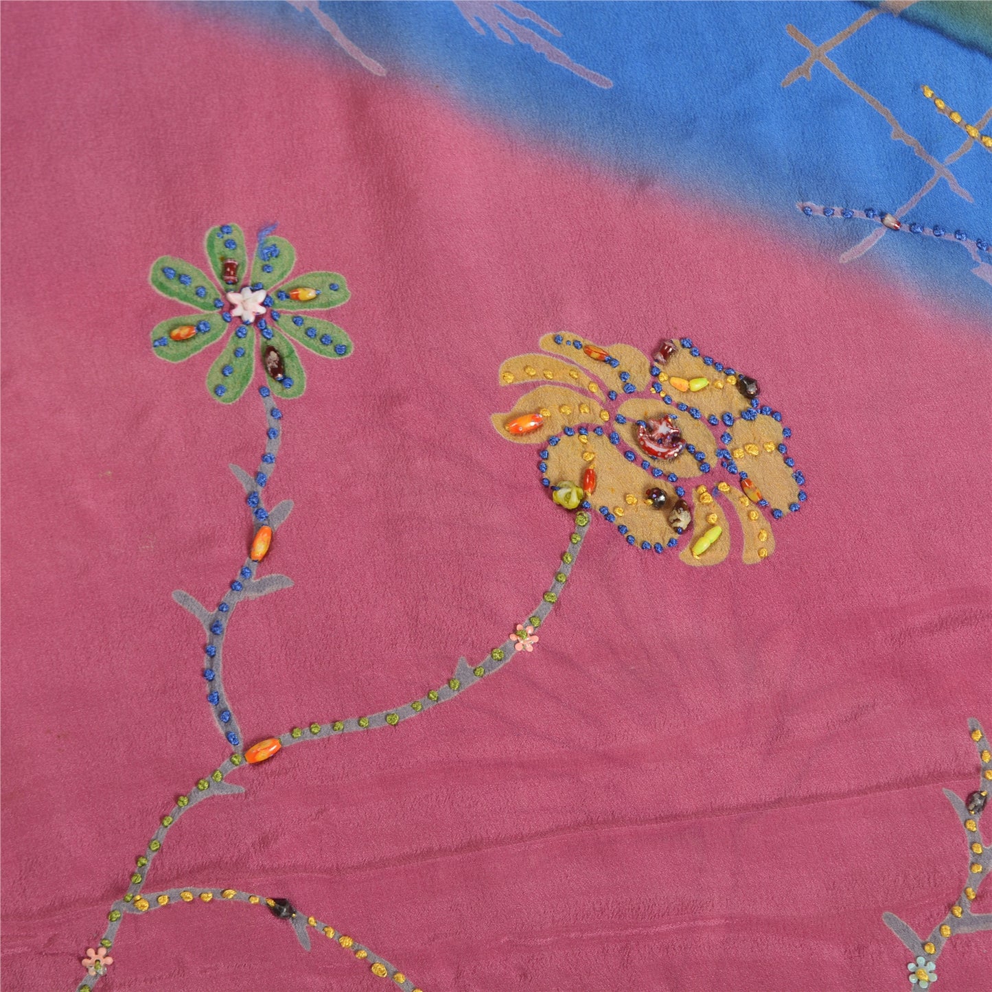 Sanskriti Vintage Sarees Multi Hand Beaded Pure Crepe Silk Sari 5yd Craft Sustainable Fabric