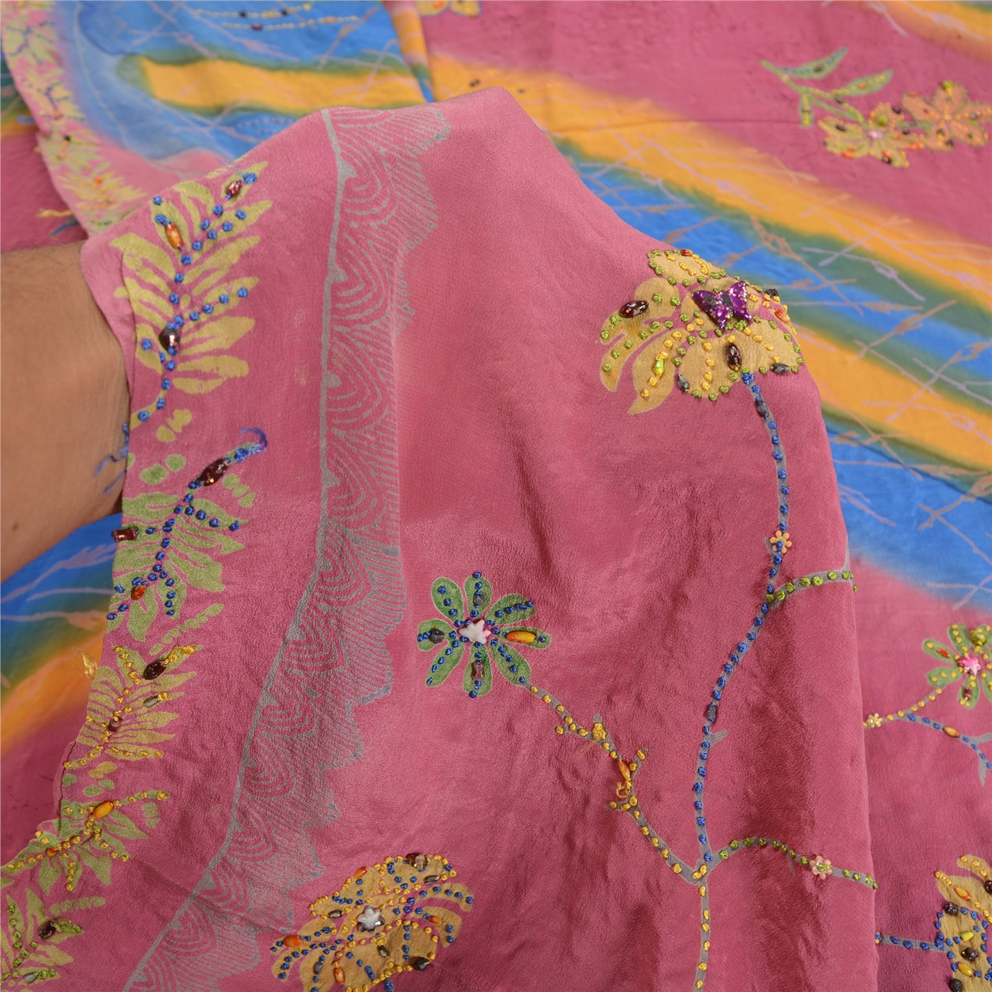 Sanskriti Vintage Sarees Multi Hand Beaded Pure Crepe Silk Sari 5yd Craft Sustainable Fabric