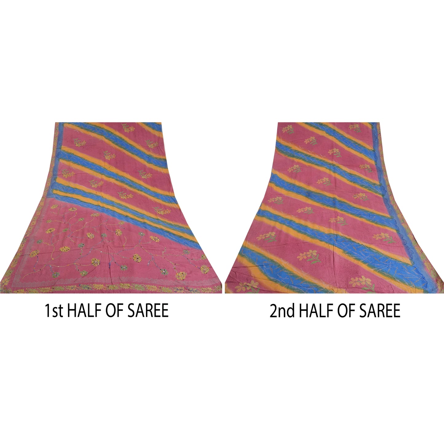 Sanskriti Vintage Sarees Multi Hand Beaded Pure Crepe Silk Sari 5yd Craft Sustainable Fabric