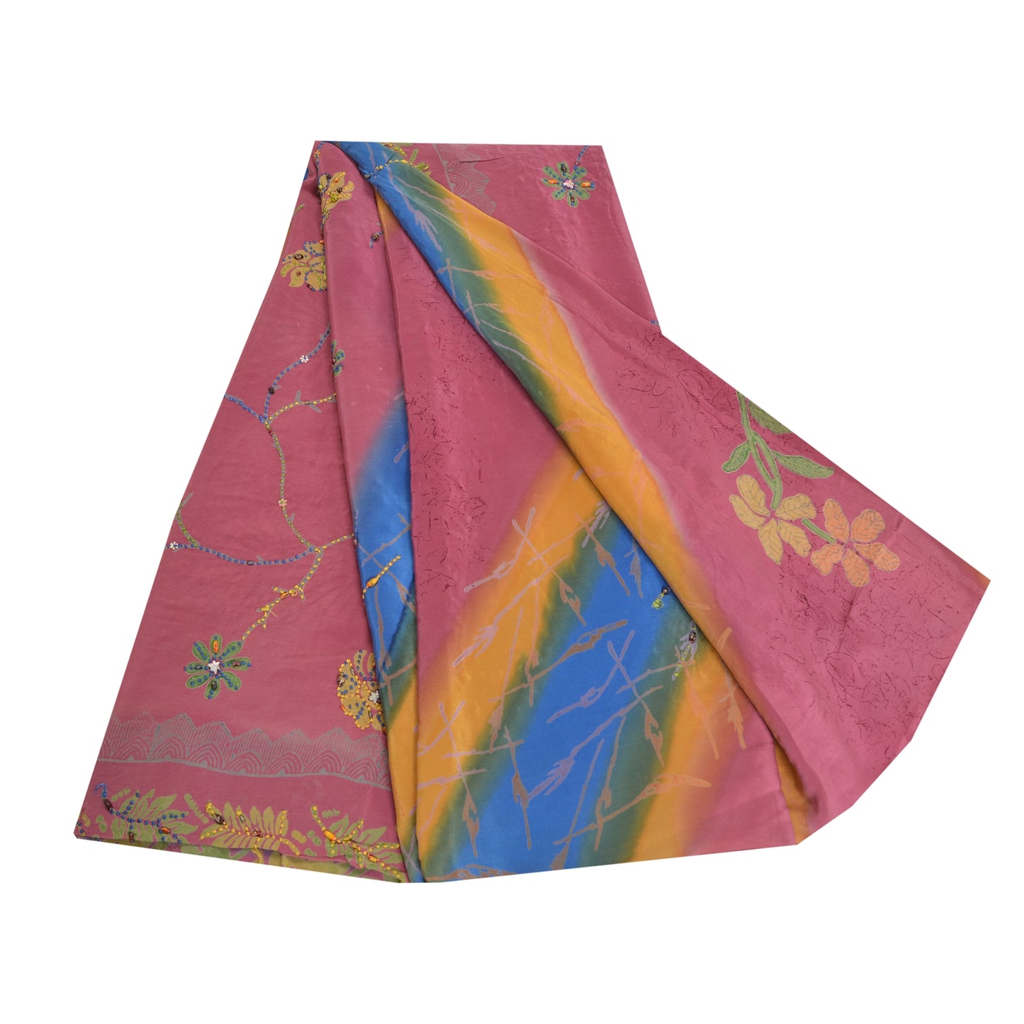 Sanskriti Vintage Sarees Multi Hand Beaded Pure Crepe Silk Sari 5yd Craft Sustainable Fabric