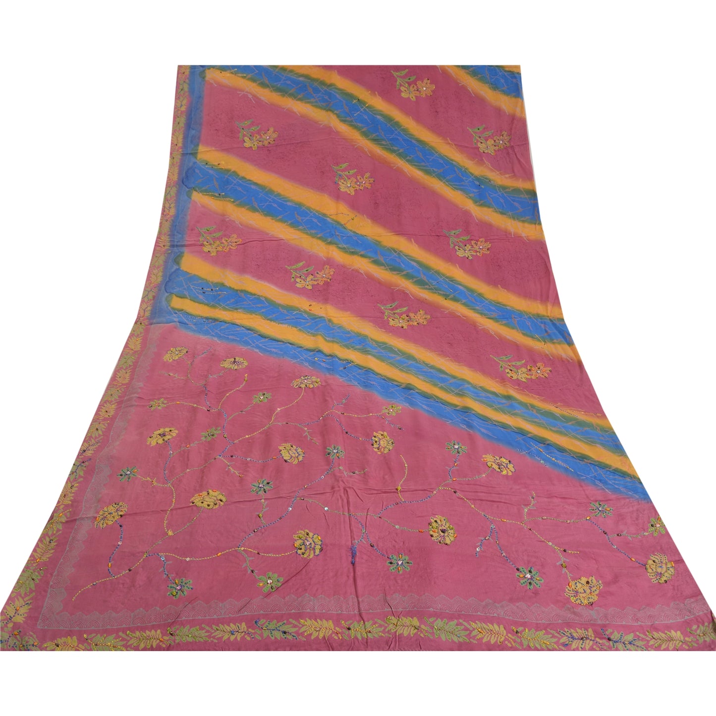 Sanskriti Vintage Sarees Multi Hand Beaded Pure Crepe Silk Sari 5yd Craft Sustainable Fabric