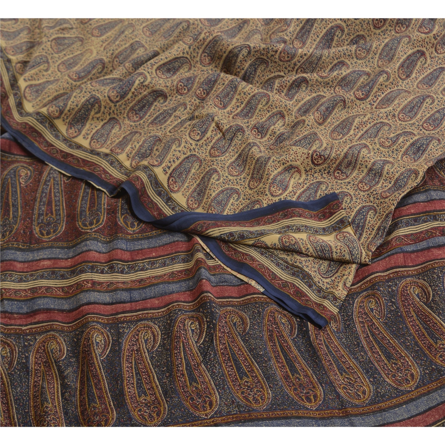 Санскритские винтажные сари индийский кремовый чистый креп шелк напечатанный сари ремесло устойчивая ткань