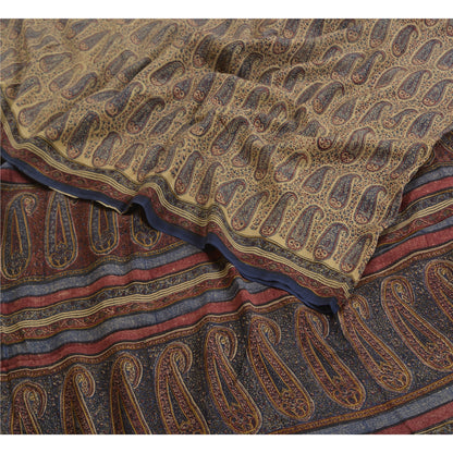 Санскритские винтажные сари индийский кремовый чистый креп шелк напечатанный сари ремесло устойчивая ткань