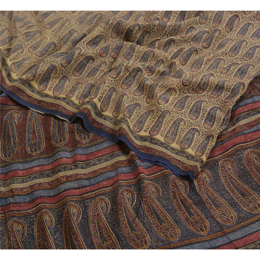 Sanskriti Vintage Sarees Indian Cream Pure Crepe Silk Printed Sari Craft Sustainable Fabric