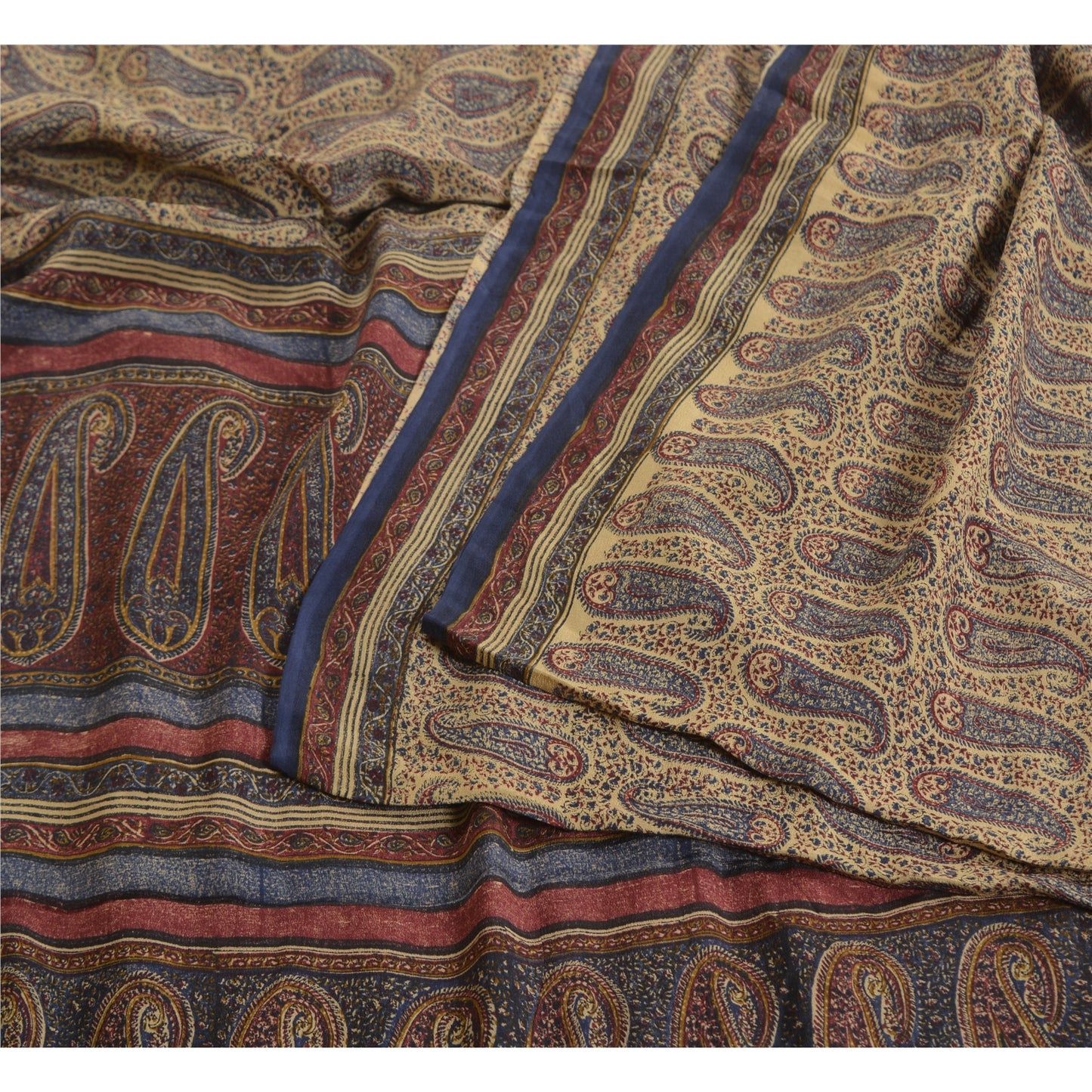 Санскритские винтажные сари индийский кремовый чистый креп шелк напечатанный сари ремесло устойчивая ткань