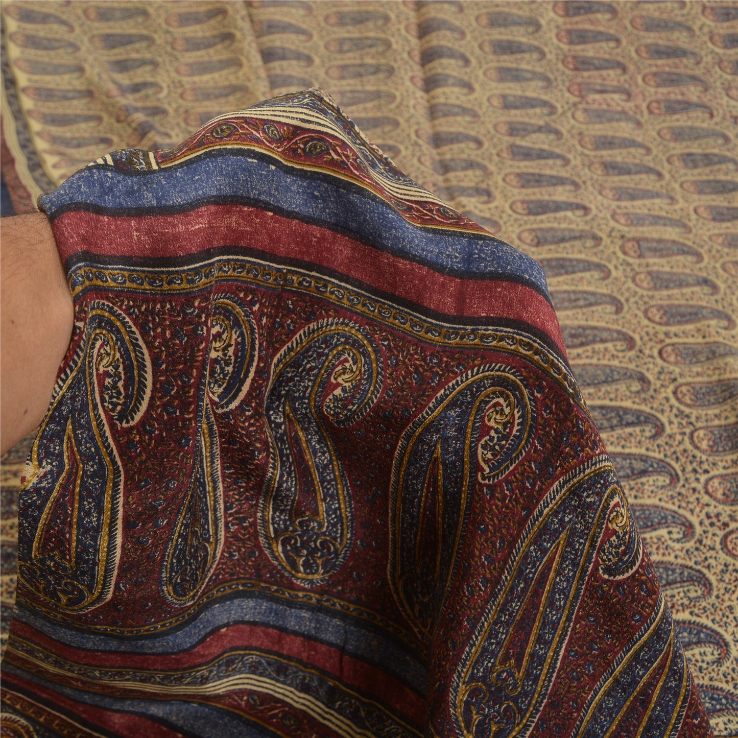 Санскритские винтажные сари индийский кремовый чистый креп шелк напечатанный сари ремесло устойчивая ткань