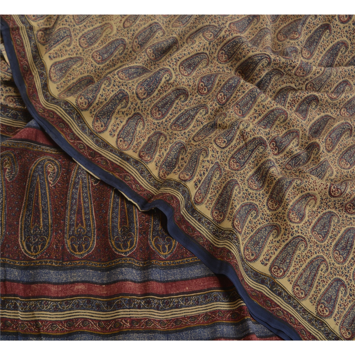 Санскритские винтажные сари индийский кремовый чистый креп шелк напечатанный сари ремесло устойчивая ткань