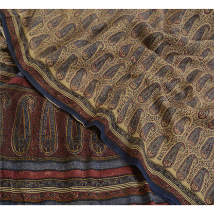 Санскритские винтажные сари индийский кремовый чистый креп шелк напечатанный сари ремесло устойчивая ткань