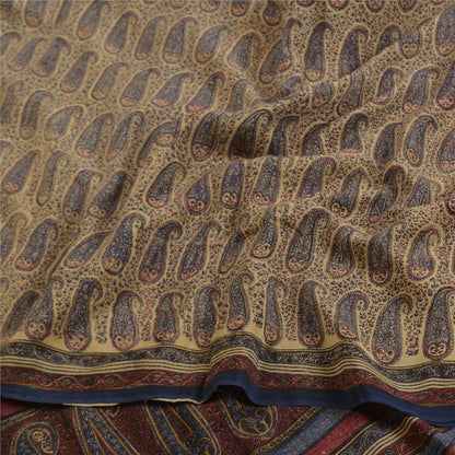 Санскритские винтажные сари индийский кремовый чистый креп шелк напечатанный сари ремесло устойчивая ткань