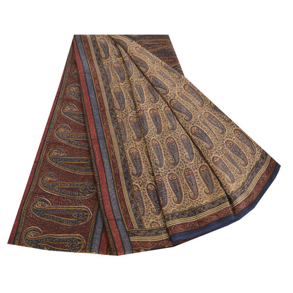 Санскритские винтажные сари индийский кремовый чистый креп шелк напечатанный сари ремесло устойчивая ткань