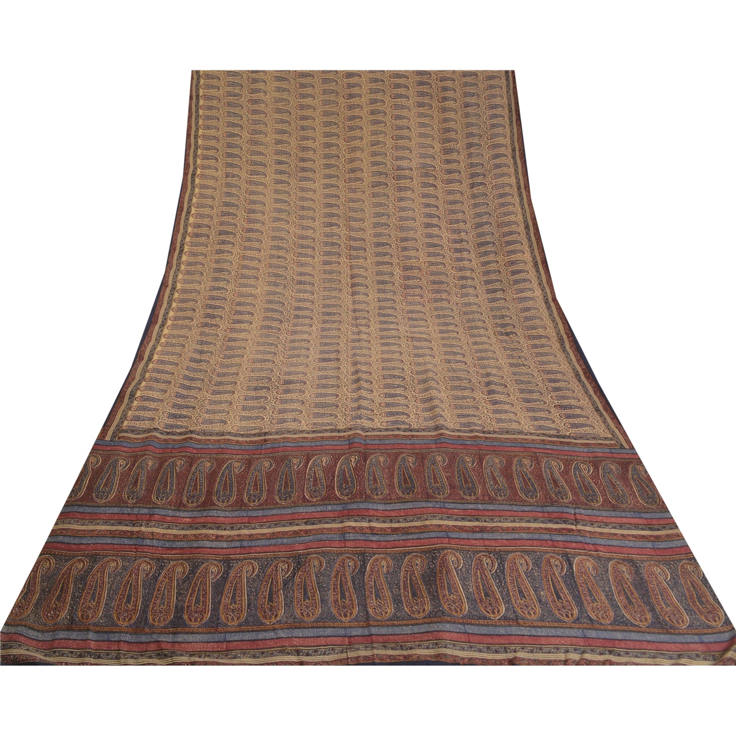 Санскритские винтажные сари индийский кремовый чистый креп шелк напечатанный сари ремесло устойчивая ткань