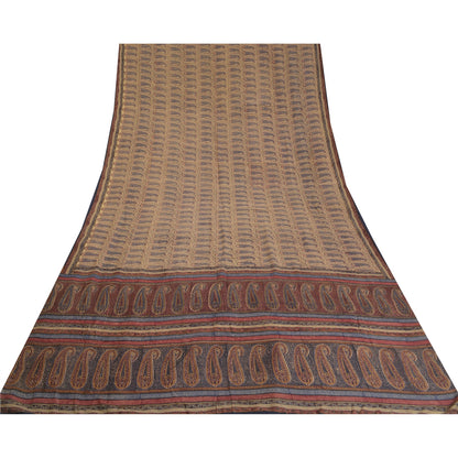 Санскритские винтажные сари индийский кремовый чистый креп шелк напечатанный сари ремесло устойчивая ткань