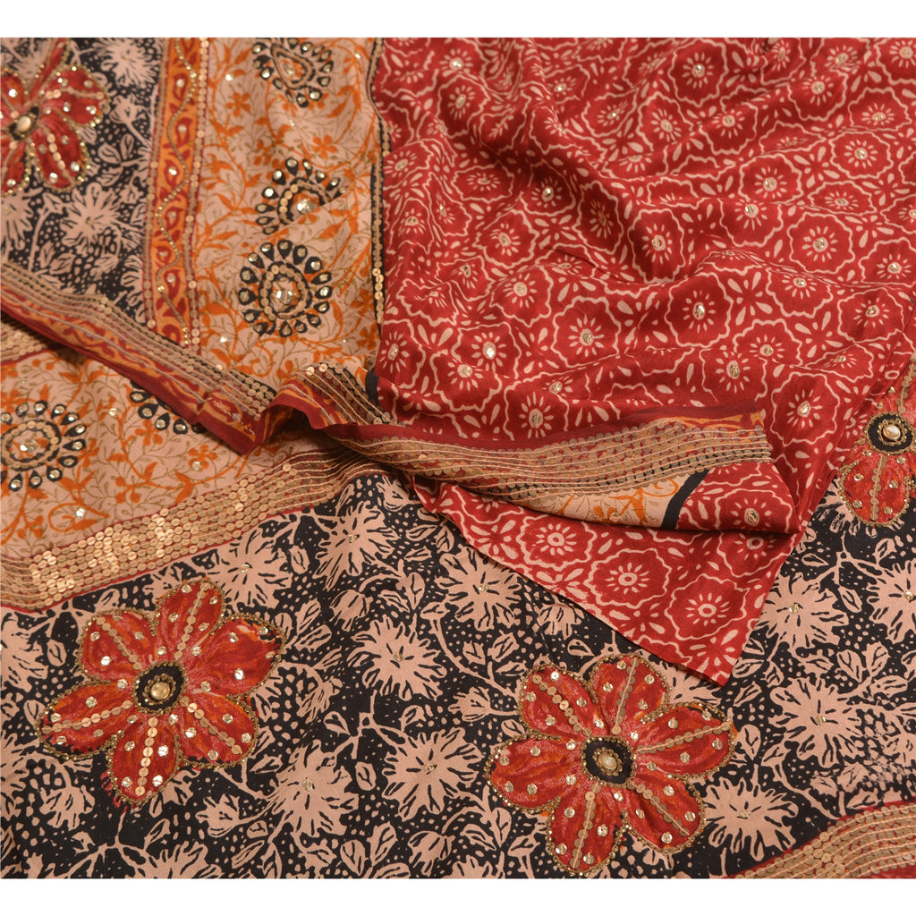 Sanskriti Vintage Sarees Red Hand Beaded Pure Crepe Silk Print Sari Craft Sustainable Fabric