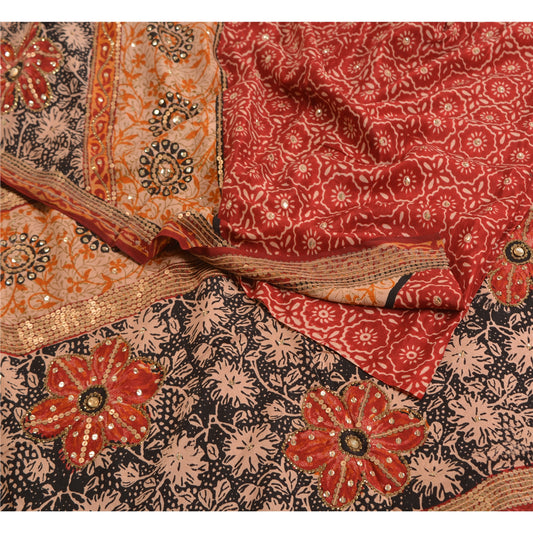 Sanskriti Vintage Sarees Red Hand Beaded Pure Crepe Silk Print Sari Craft Sustainable Fabric