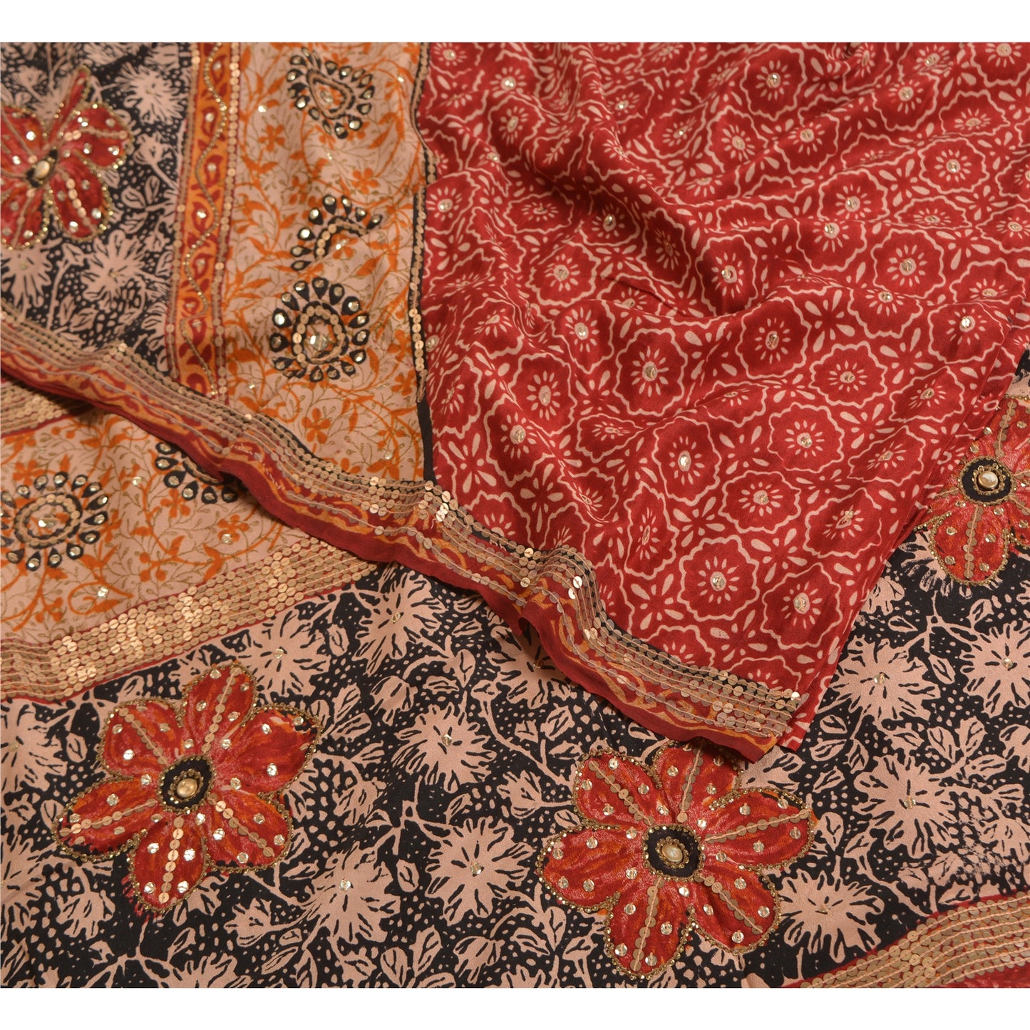 Sanskriti Vintage Sarees Red Hand Beaded Pure Crepe Silk Print Sari Craft Sustainable Fabric