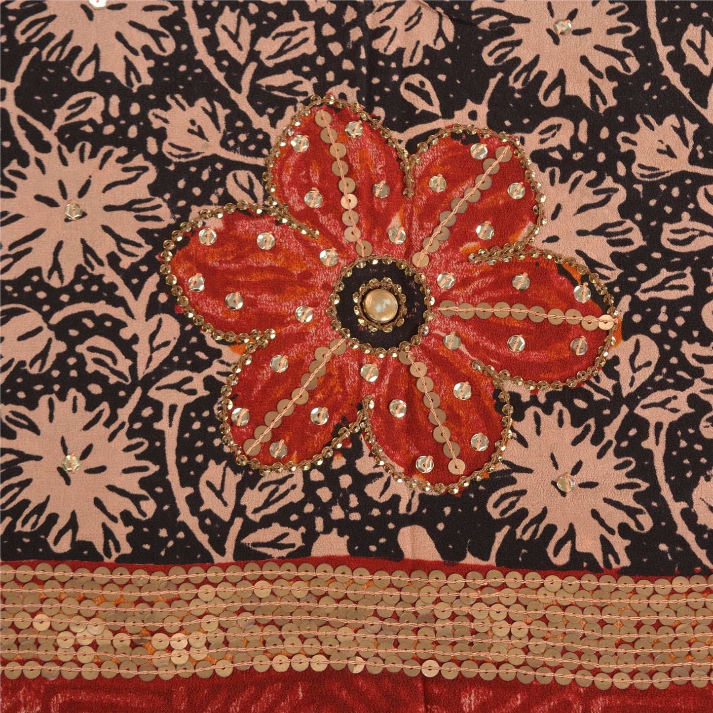 Sanskriti Vintage Sarees Red Hand Beaded Pure Crepe Silk Print Sari Craft Sustainable Fabric