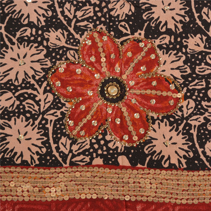 Sanskriti Vintage Sarees Red Hand Beaded Pure Crepe Silk Print Sari Craft Sustainable Fabric