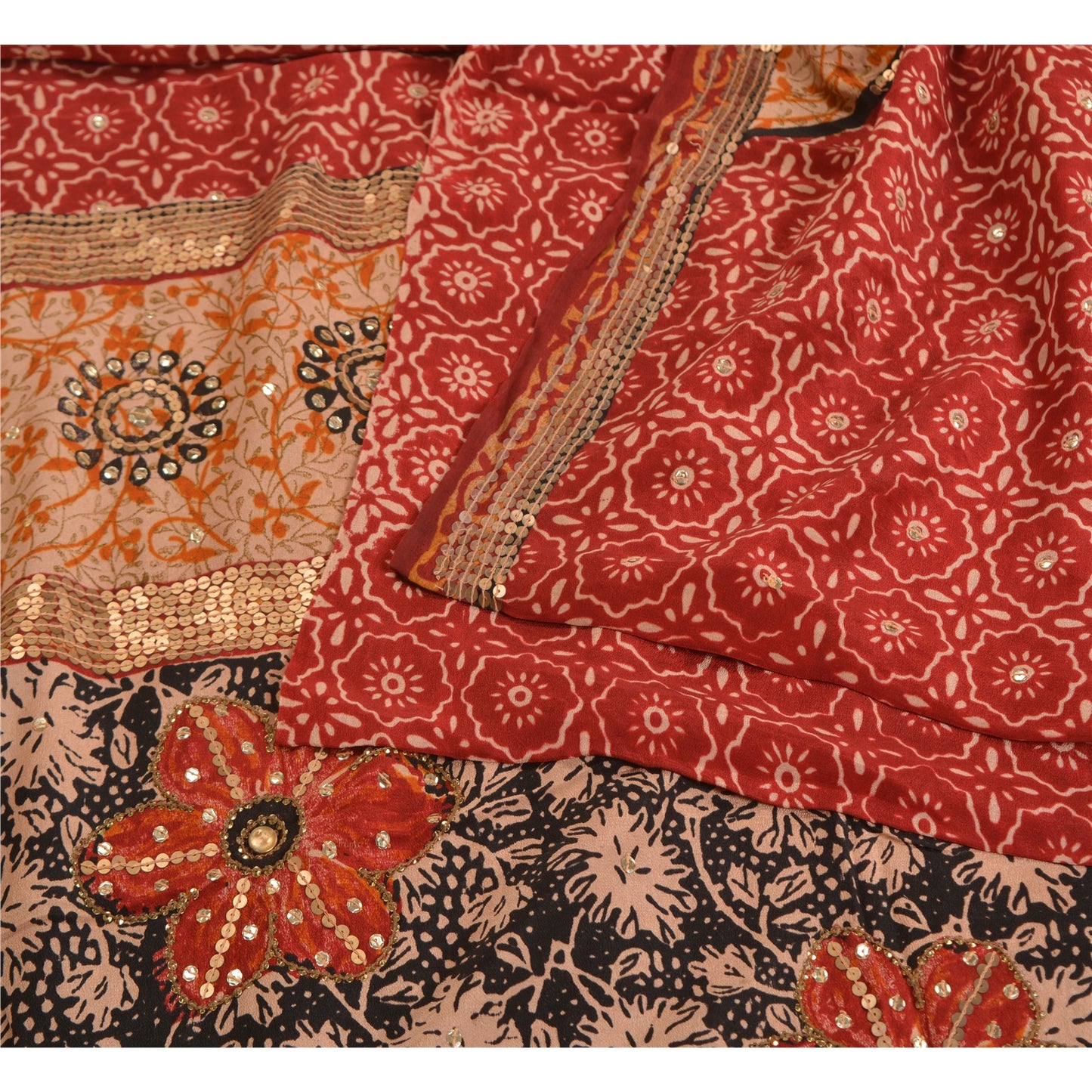 Sanskriti Vintage Sarees Red Hand Beaded Pure Crepe Silk Print Sari Craft Sustainable Fabric