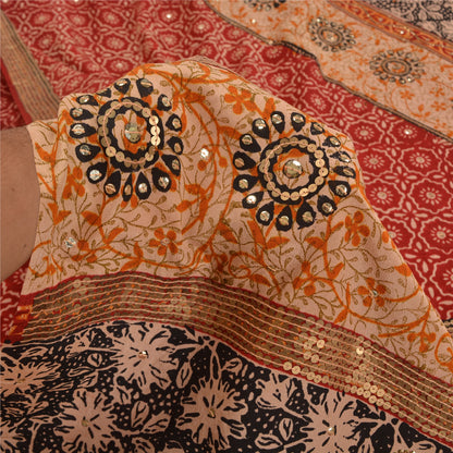 Sanskriti Vintage Sarees Red Hand Beaded Pure Crepe Silk Print Sari Craft Sustainable Fabric