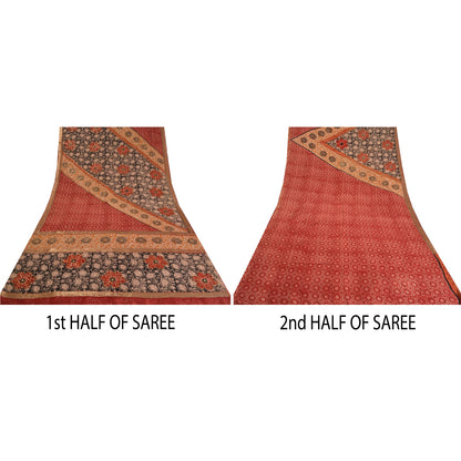 Sanskriti Vintage Sarees Red Hand Beaded Pure Crepe Silk Print Sari Craft Sustainable Fabric