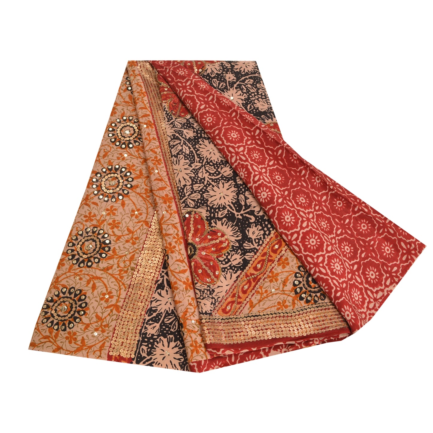 Sanskriti Vintage Sarees Red Hand Beaded Pure Crepe Silk Print Sari Craft Sustainable Fabric