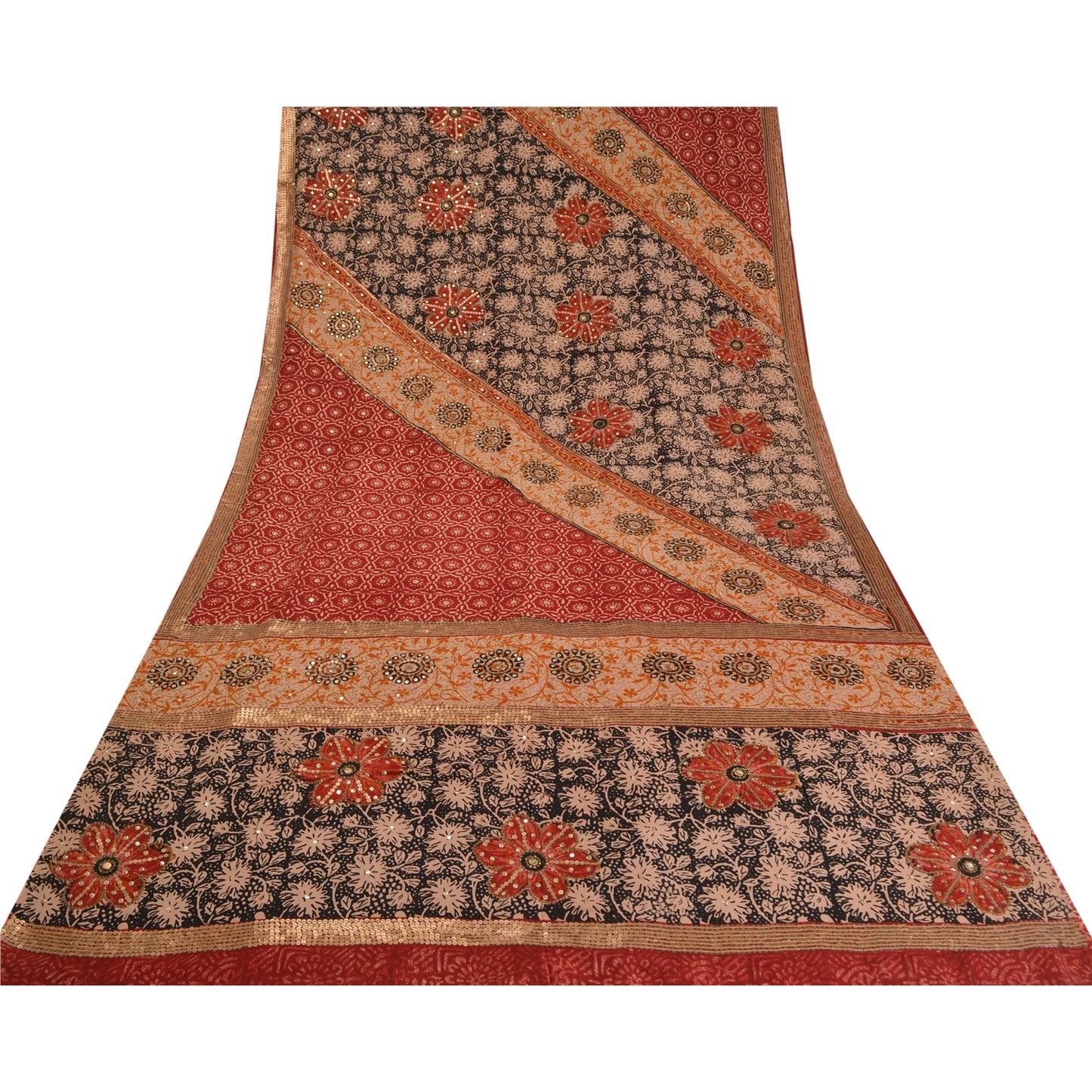 Sanskriti Vintage Sarees Red Hand Beaded Pure Crepe Silk Print Sari Craft Sustainable Fabric