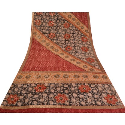 Sanskriti Vintage Sarees Red Hand Beaded Pure Crepe Silk Print Sari Craft Sustainable Fabric