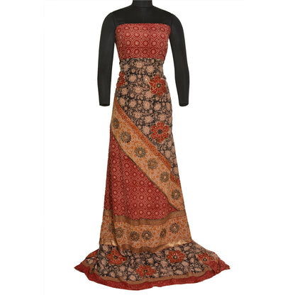 Sanskriti Vintage Sarees Red Hand Beaded Pure Crepe Silk Print Sari Craft Sustainable Fabric