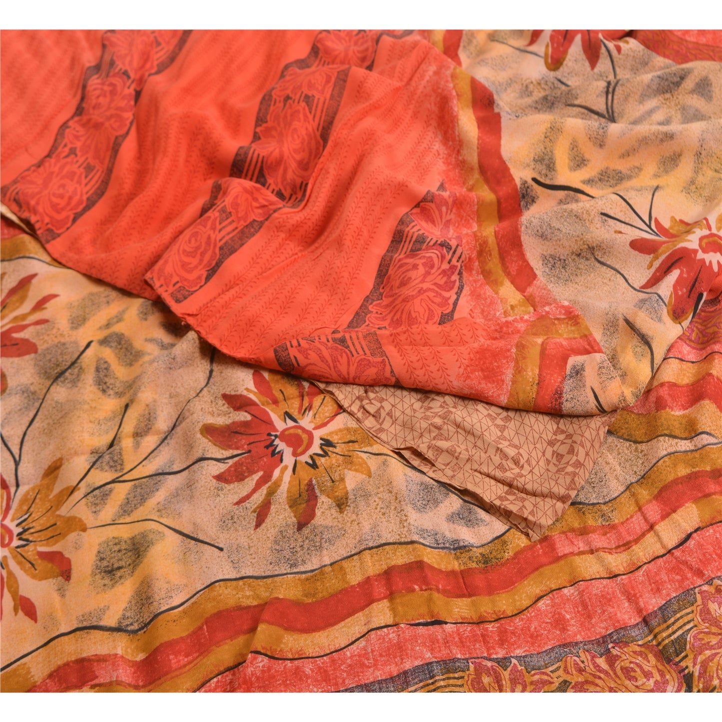Sanskriti Vintage Sarees Red/Peach Pure Crepe Silk Printed Sari 5yd Craft Sustainable Fabric