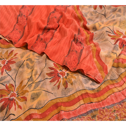 Sanskriti Vintage Sarees Red/Peach Pure Crepe Silk Printed Sari 5yd Craft Sustainable Fabric