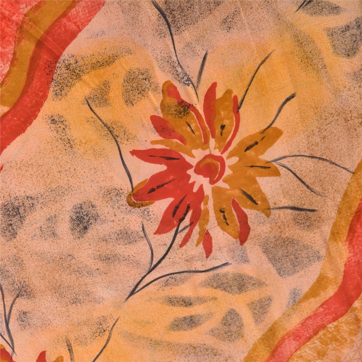 Sanskriti Vintage Sarees Red/Peach Pure Crepe Silk Printed Sari 5yd Craft Sustainable Fabric