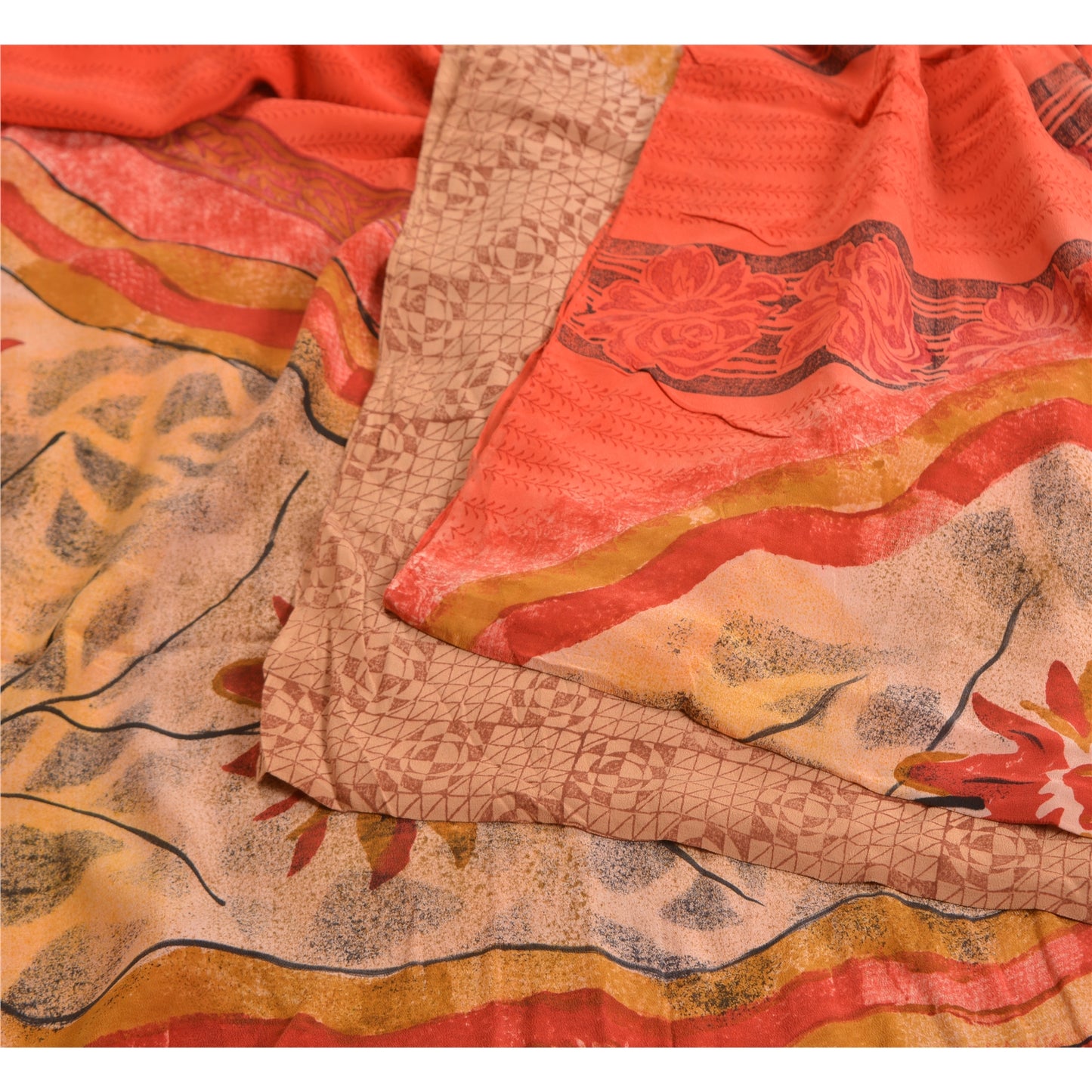 Sanskriti Vintage Sarees Red/Peach Pure Crepe Silk Printed Sari 5yd Craft Sustainable Fabric