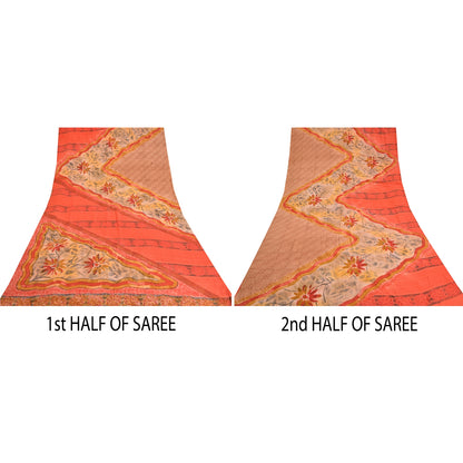 Sanskriti Vintage Sarees Red/Peach Pure Crepe Silk Printed Sari 5yd Craft Sustainable Fabric
