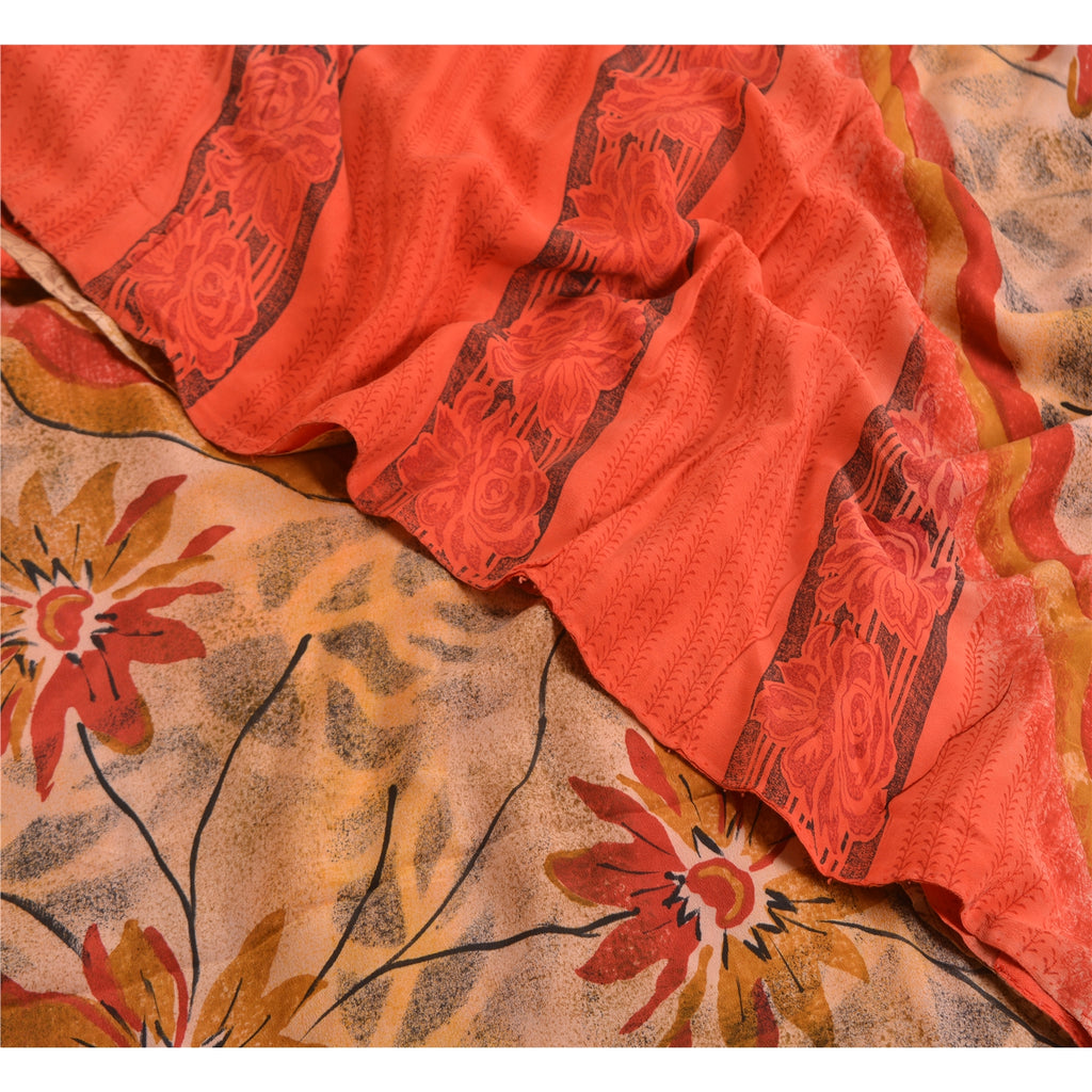 Сари Sanskriti Vintage, красное/персиковое, чистый креп-шелк, напечатанное сари, 5 ярдов, ткань для рукоделия, устойчивая к истиранию