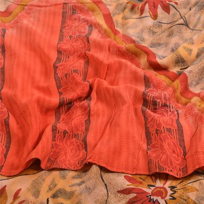 Sanskriti Vintage Sarees Red/Peach Pure Crepe Silk Printed Sari 5yd Craft Sustainable Fabric