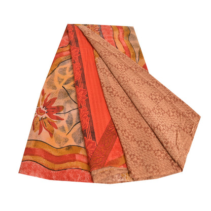 Sanskriti Vintage Sarees Red/Peach Pure Crepe Silk Printed Sari 5yd Craft Sustainable Fabric