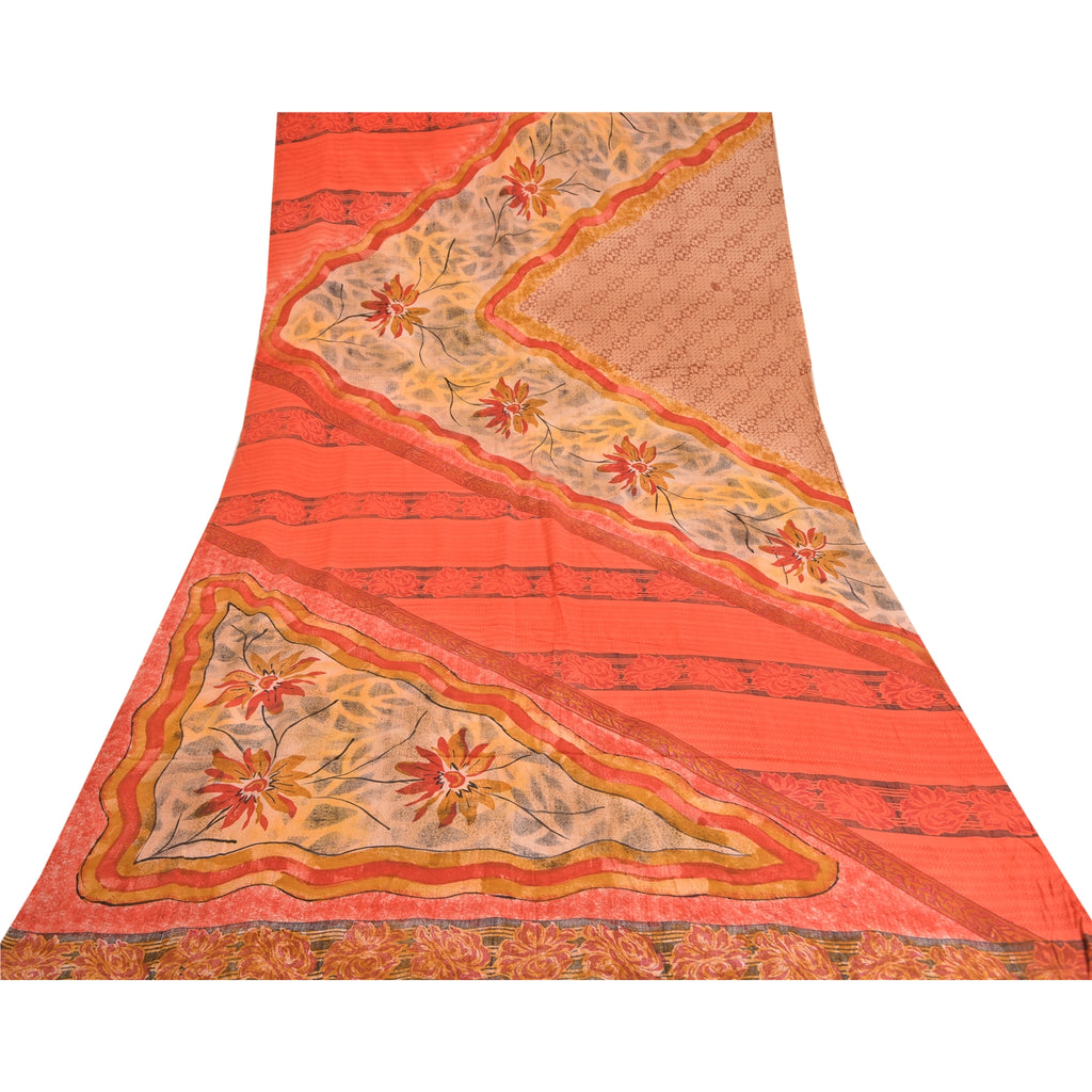 Sanskriti Vintage Sarees Red/Peach Pure Crepe Silk Printed Sari 5yd Craft Sustainable Fabric