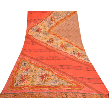 Sanskriti Vintage Sarees Red/Peach Pure Crepe Silk Printed Sari 5yd Craft Sustainable Fabric