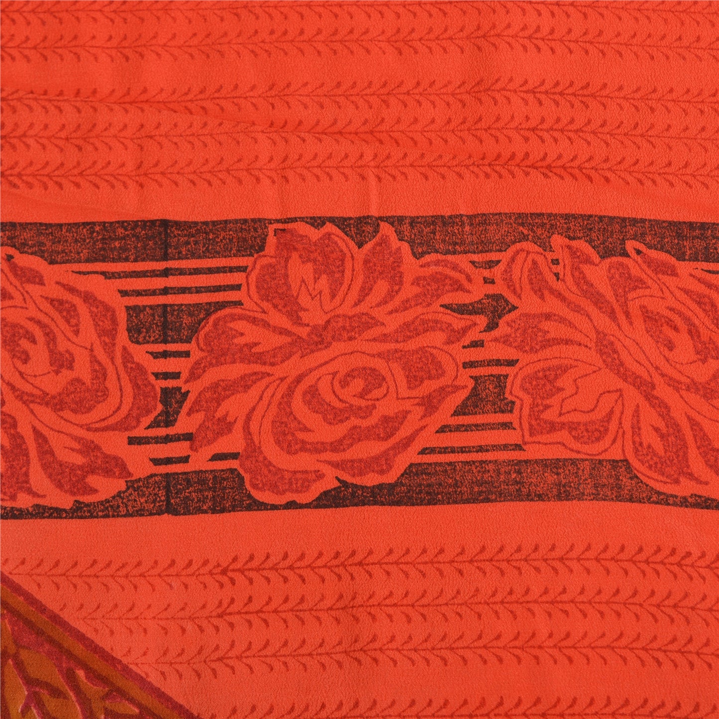 Sanskriti Vintage Sarees Red/Peach Pure Crepe Silk Printed Sari 5yd Craft Sustainable Fabric